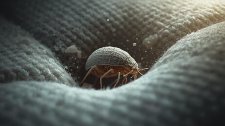 Alt: Roztoč pod mikroskopem v textilii matrace – důvod pravidelného čištění ložnice.