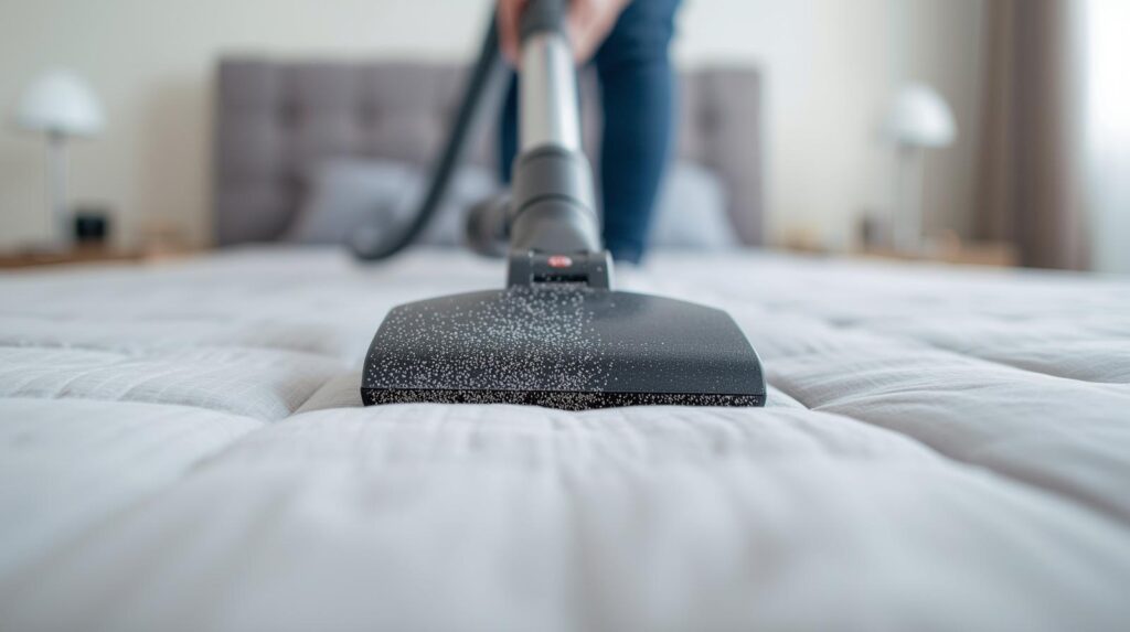 Alt: Vysávání matrace nástavcem na čalounění – první krok při čištění matrace od prachu a roztočů.